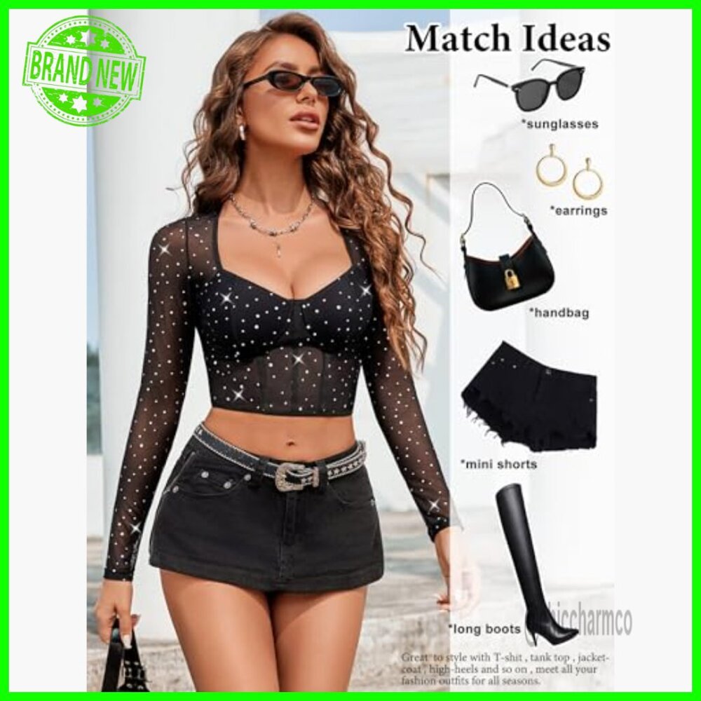 Long Sleeve Mesh Crop Top with Sparkle Square Neck Y2K Style - Picture 5 of 7